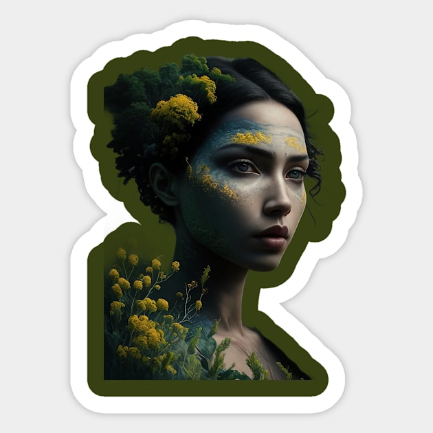 Angel Forest, head is adorned with green foliage and yellow flowers Sticker by animegirlnft